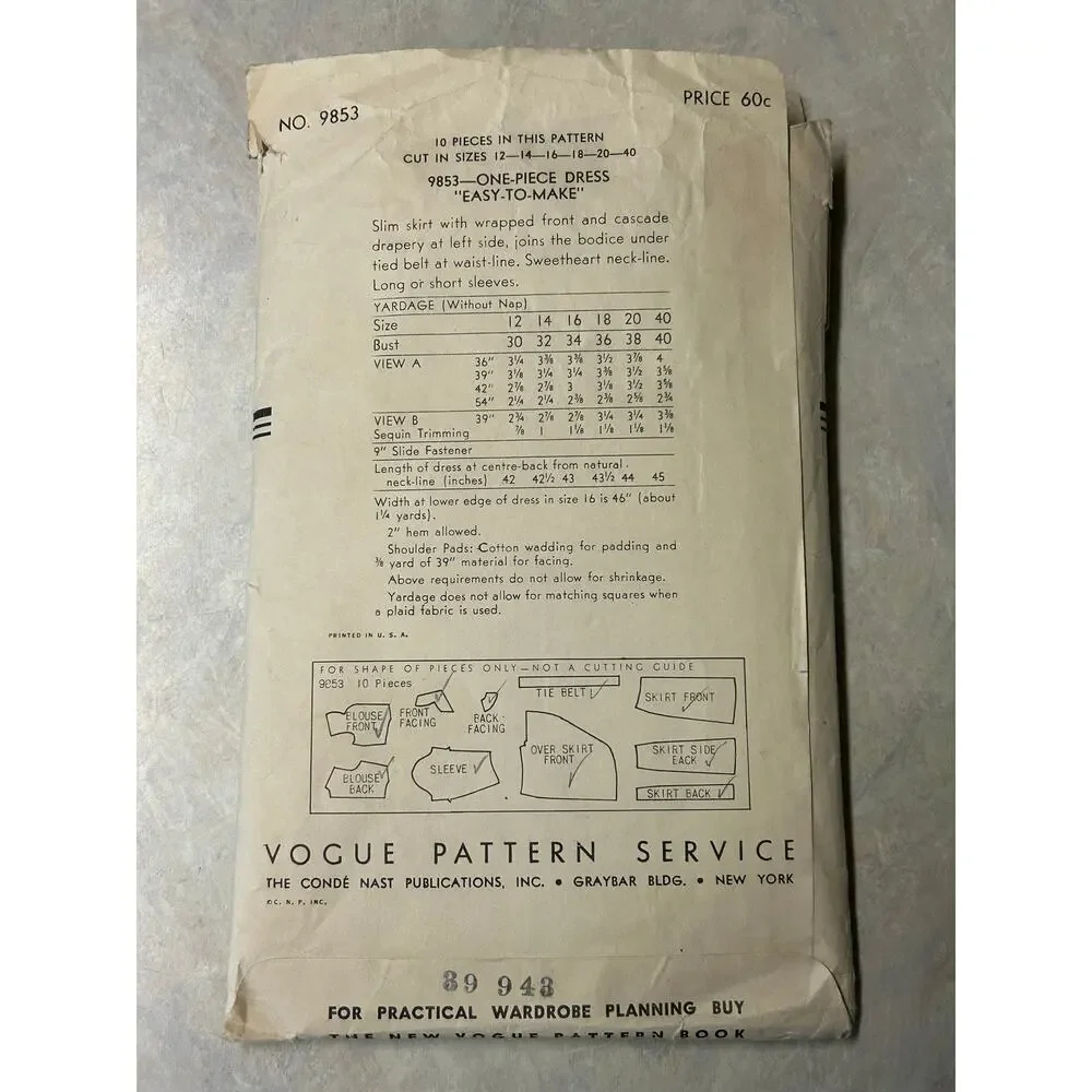 Vintage 40's-50's Vogue Pattern #9853 